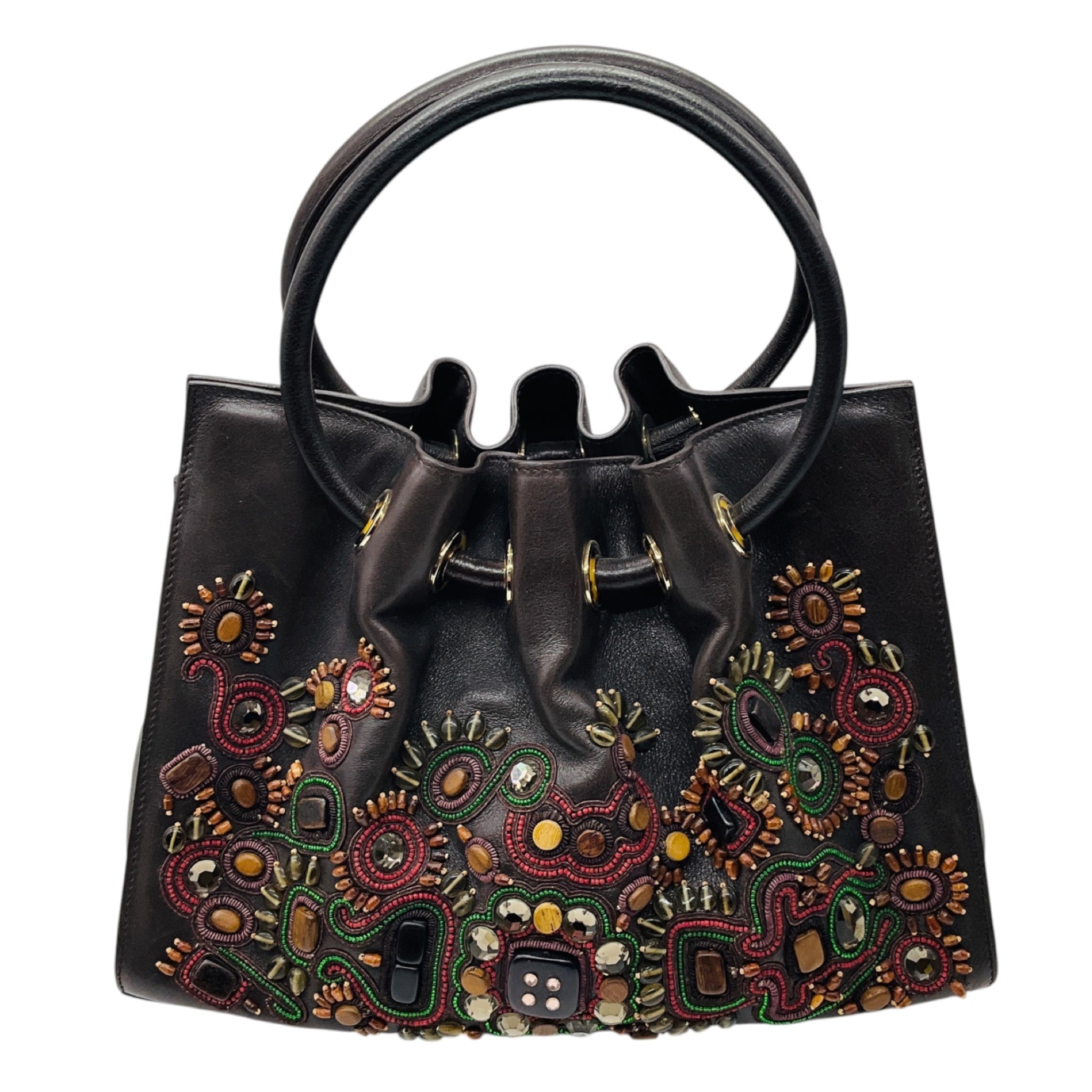 Oscar de la Renta Brown Multi Beaded and Stone Embellished Leather Handbag