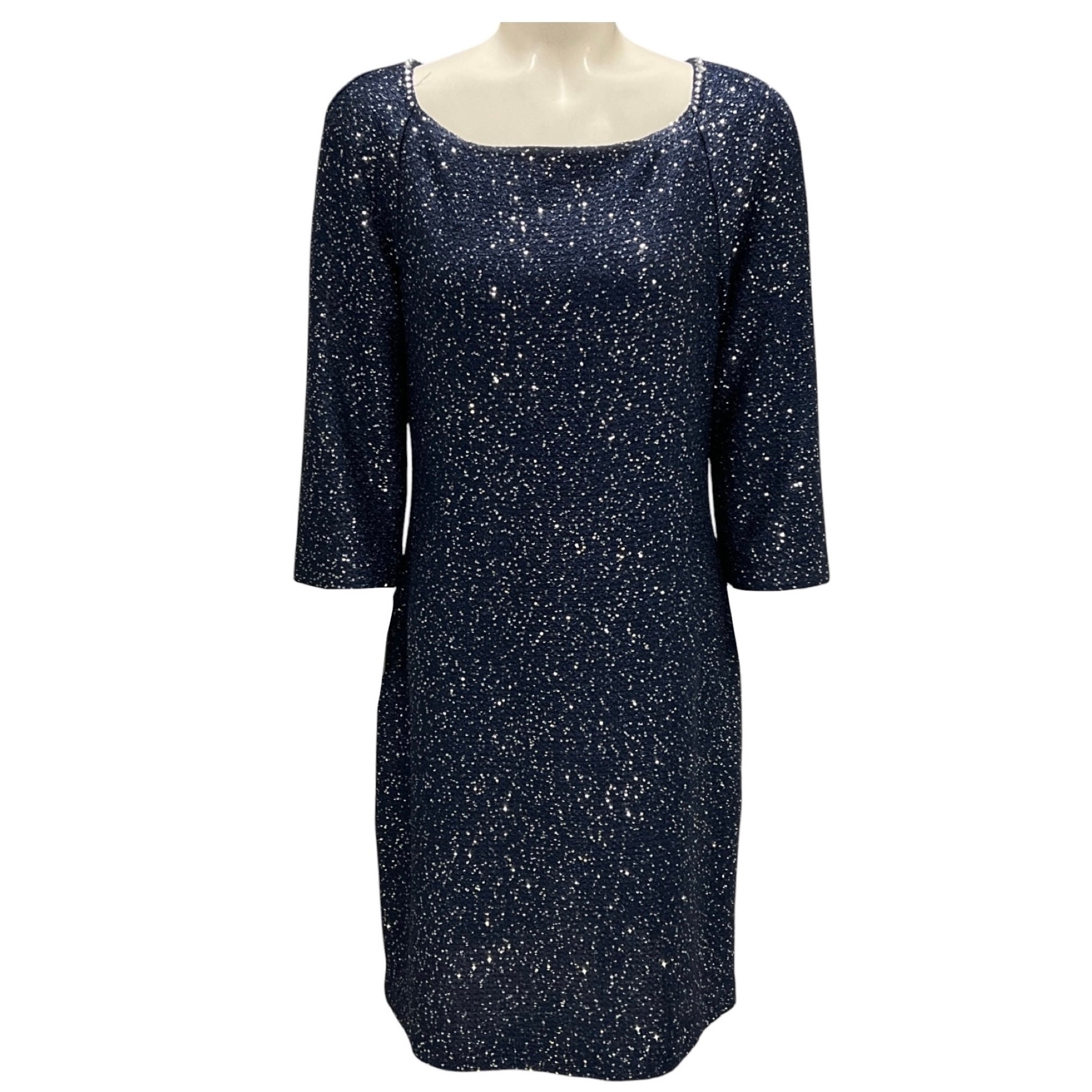 St. John Navy Blue Metallic Sequined Knit Cocktail Dress