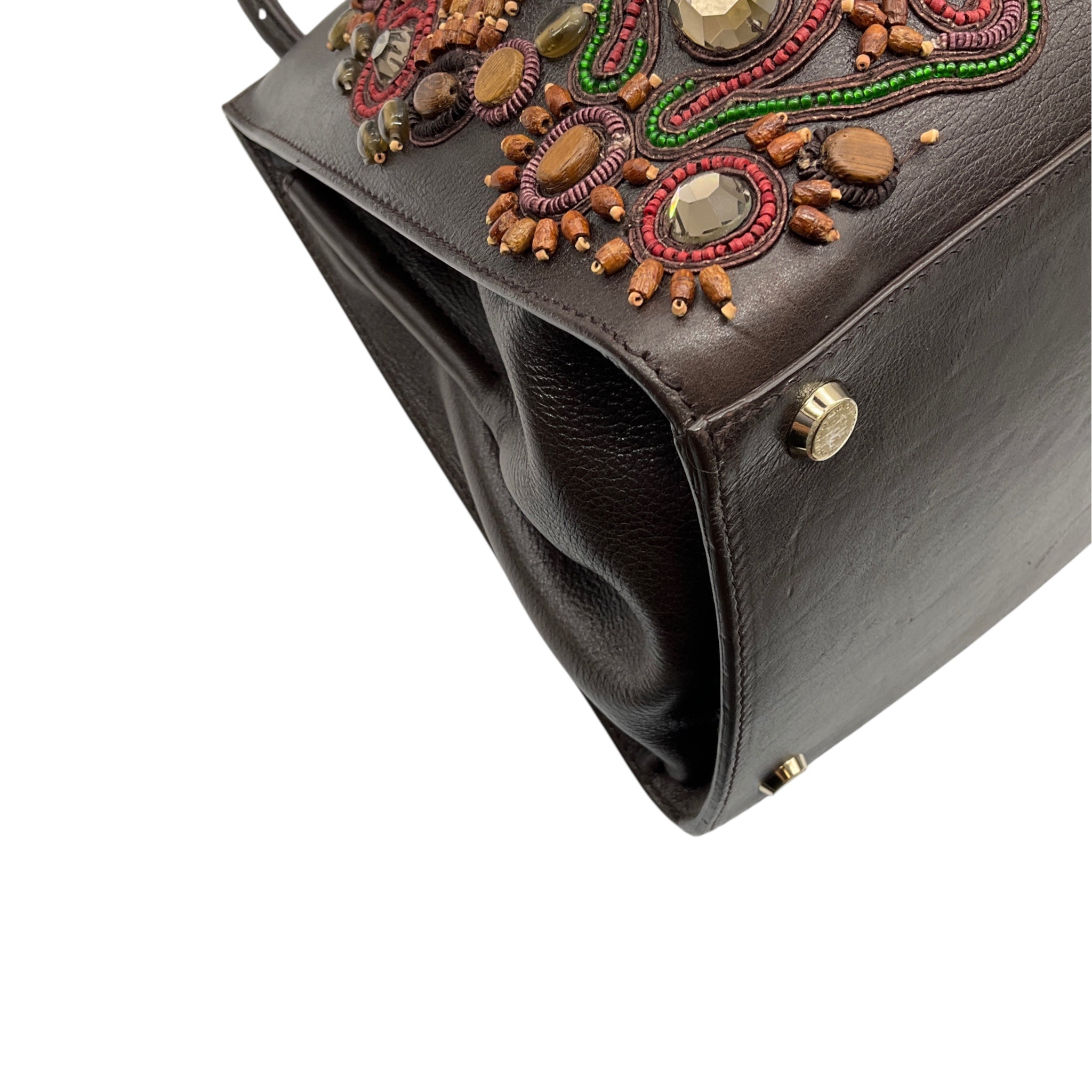 Oscar de la Renta Brown Multi Beaded and Stone Embellished Leather Handbag