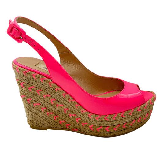 Valentino Neon Pink Patent Leather Espadrille Slingback Wedge Sandals