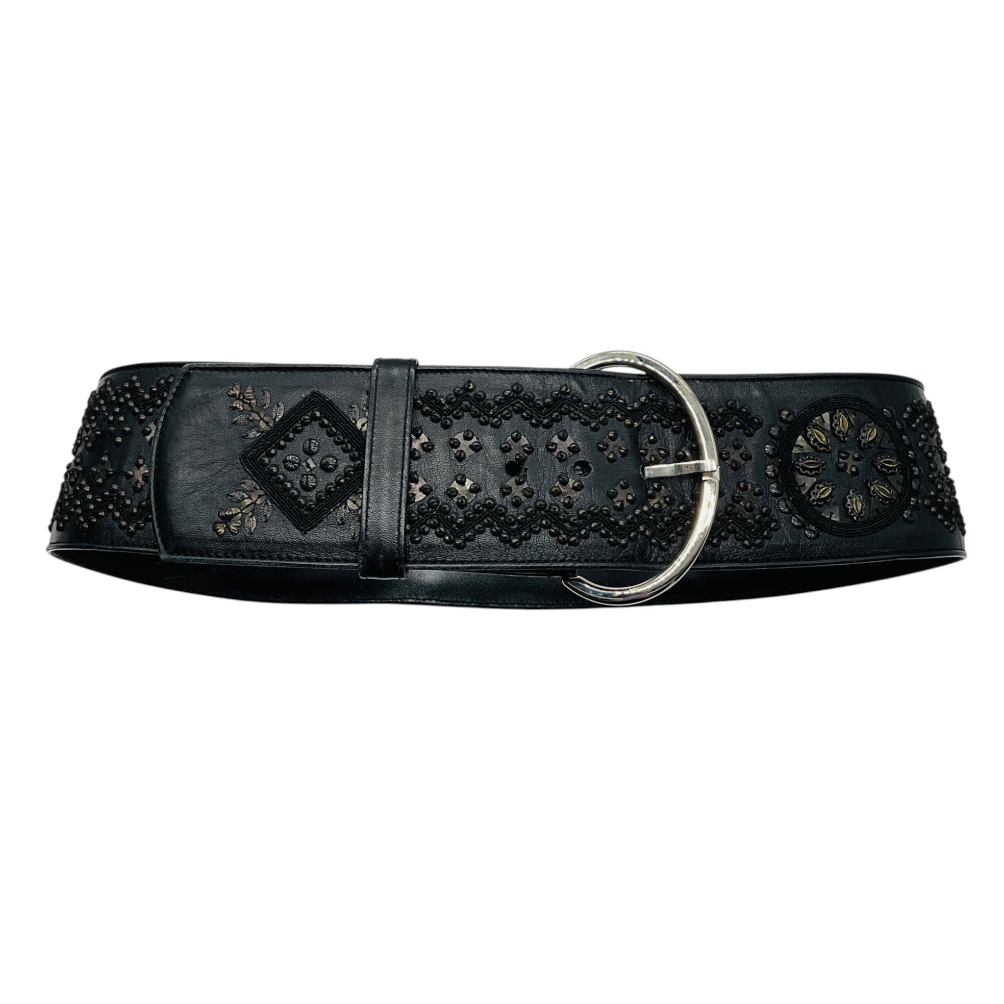 Oscar de la Renta Black Embellished and Embroidered Wide Leather Belt