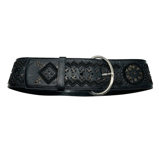 Oscar de la Renta Black Embellished and Embroidered Wide Leather Belt