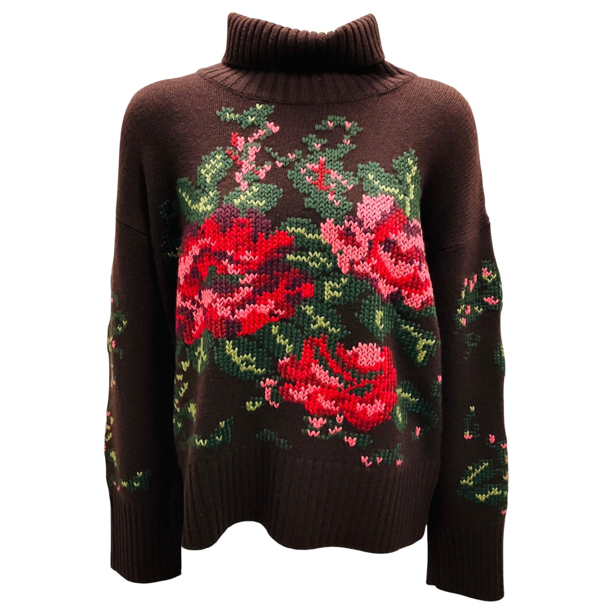 Lamberto Losani Brown Multi Floral Cashmere Knit Turtleneck Sweater