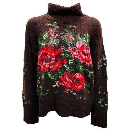 Lamberto Losani Brown Multi Floral Cashmere Knit Turtleneck Sweater