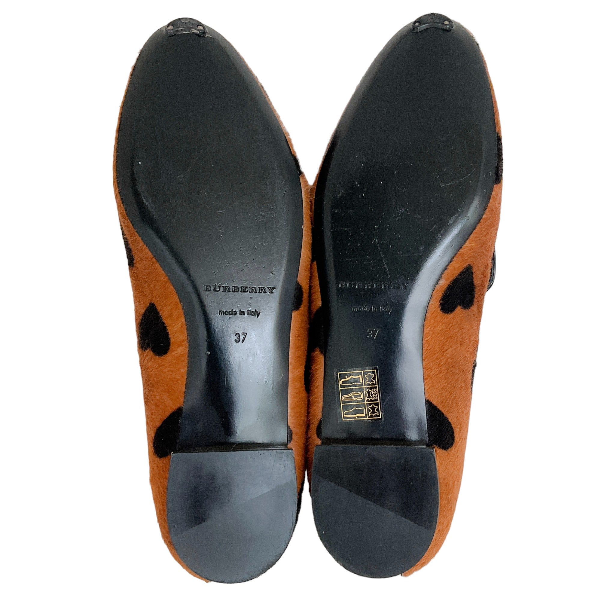 Burberry Prorsum Brown Pony Flats with Black Hearts