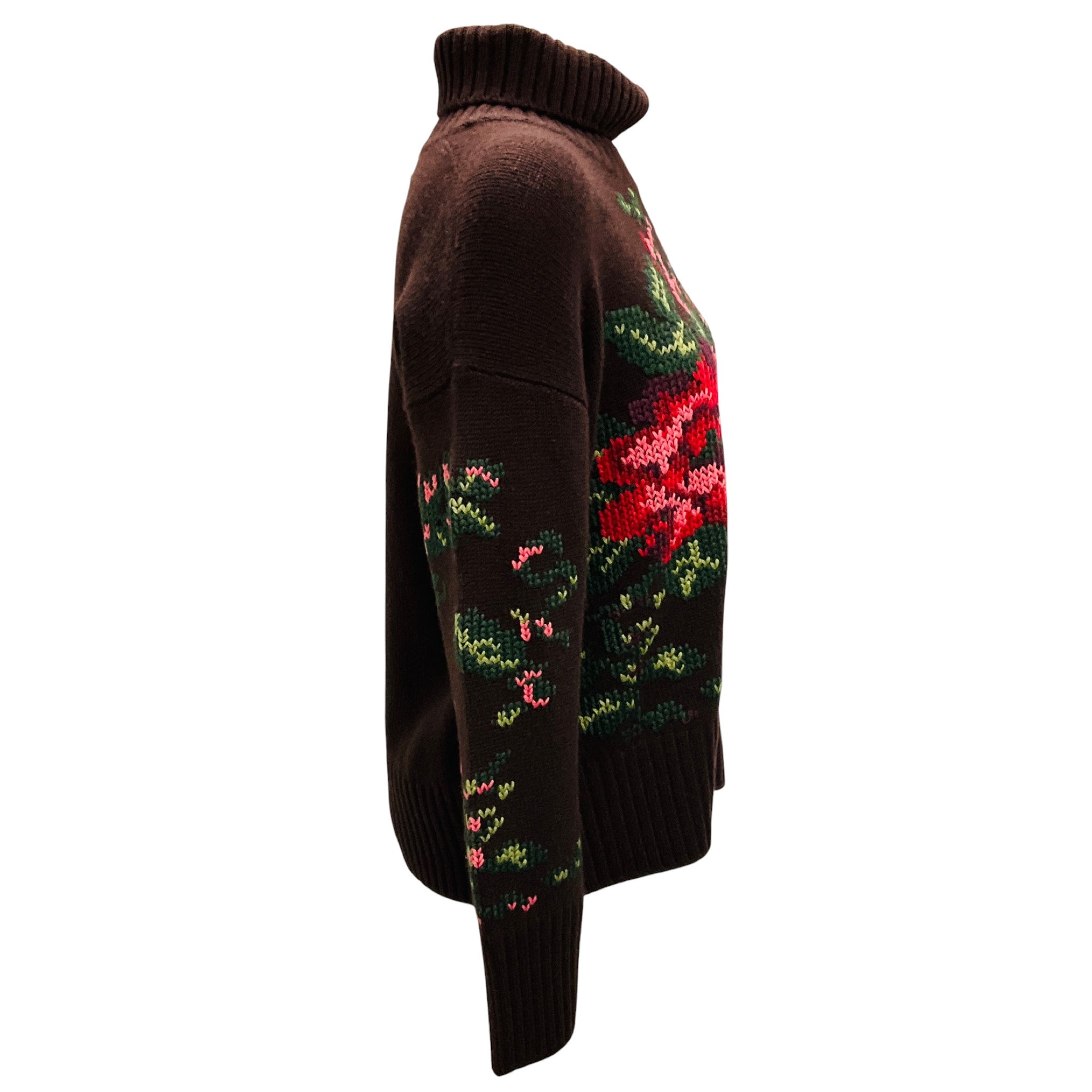 Lamberto Losani Brown Multi Floral Cashmere Knit Turtleneck Sweater