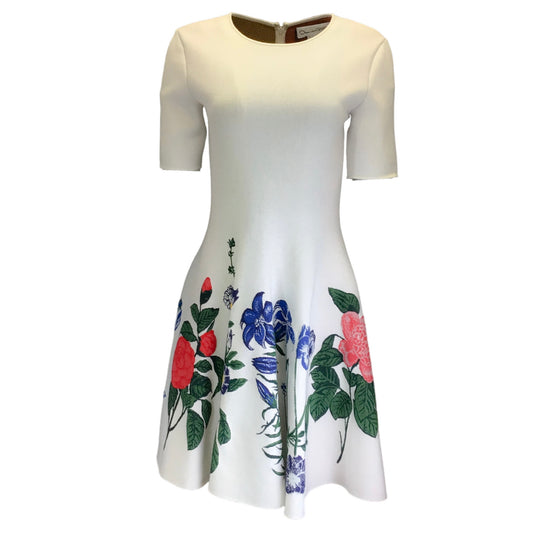 Oscar de la Renta Ivory Floral Jewel Neck A-Line Dress