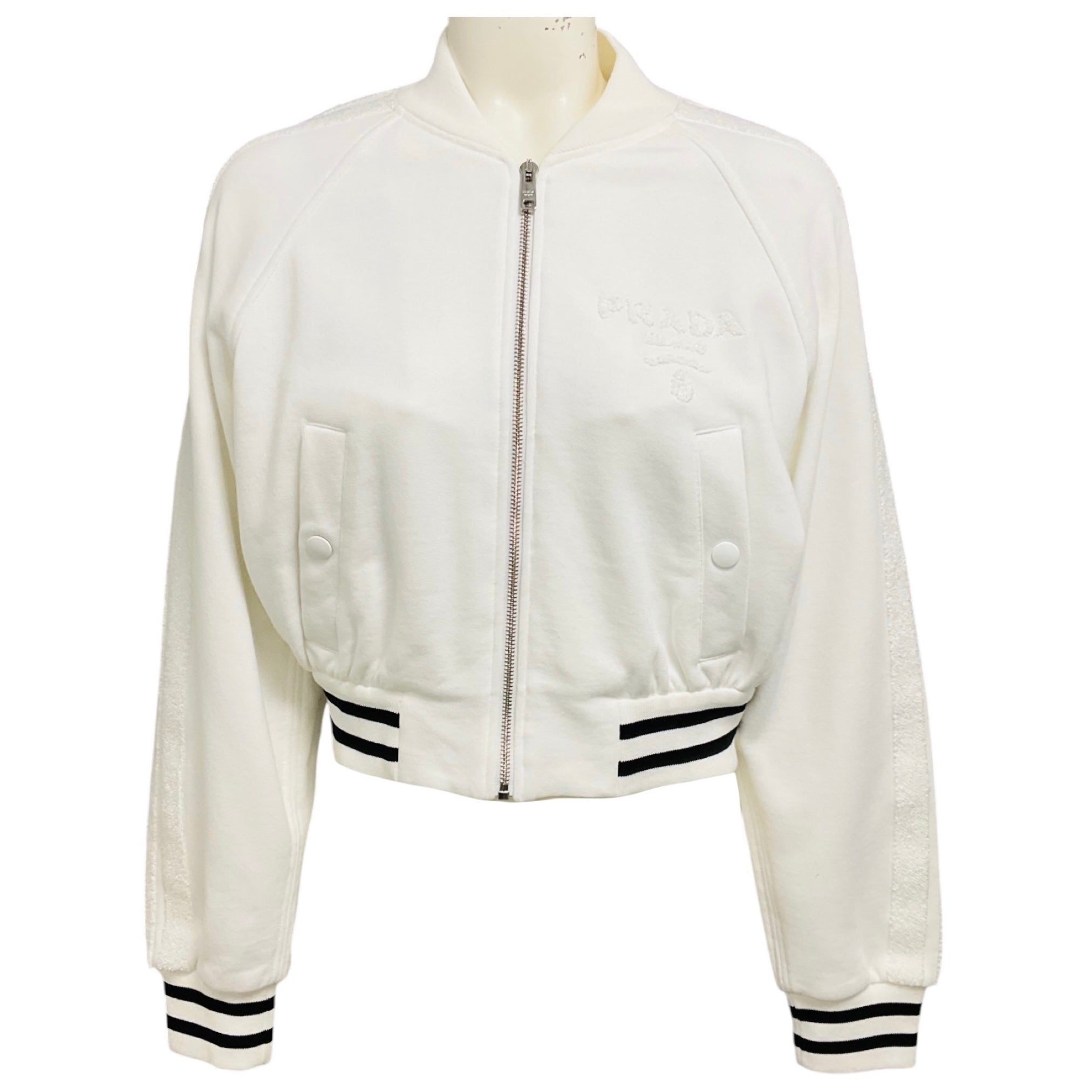 Prada White Logo Detail Zip Front Terrycloth Bomber Jacket