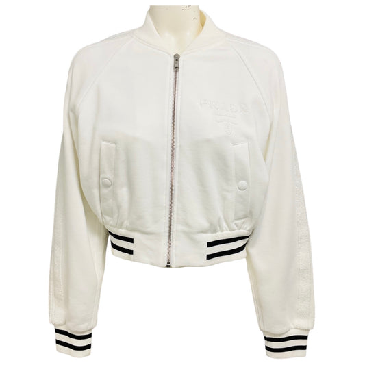 Prada White Logo Detail Zip Front Terrycloth Bomber Jacket