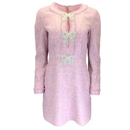 Saloni Camille Baby Pink Pearl Embellished Bow Detail Sequined Tweed Short Dress