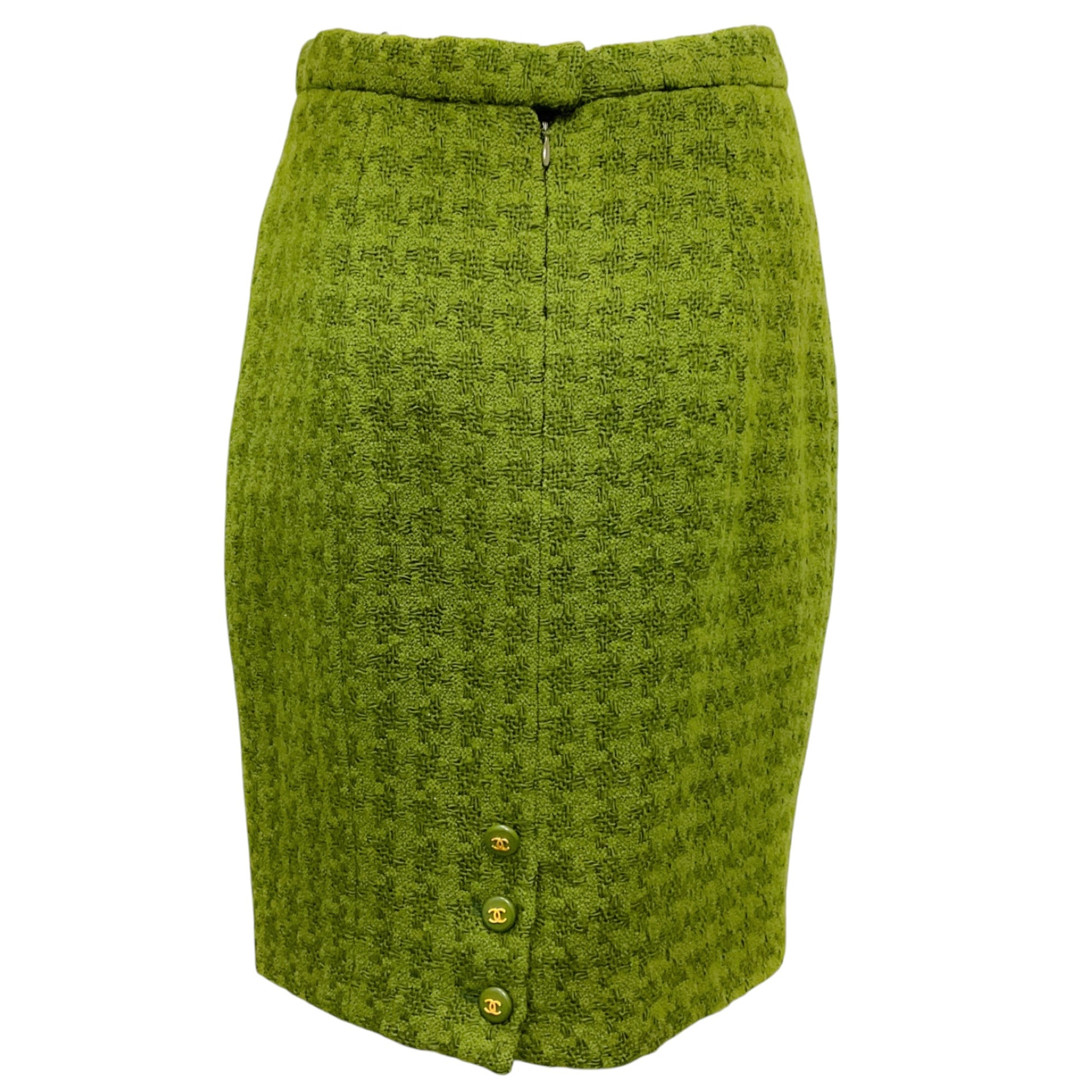 Chanel Boutique Vintage Green CC Logo Button Houndstooth Wool Skirt