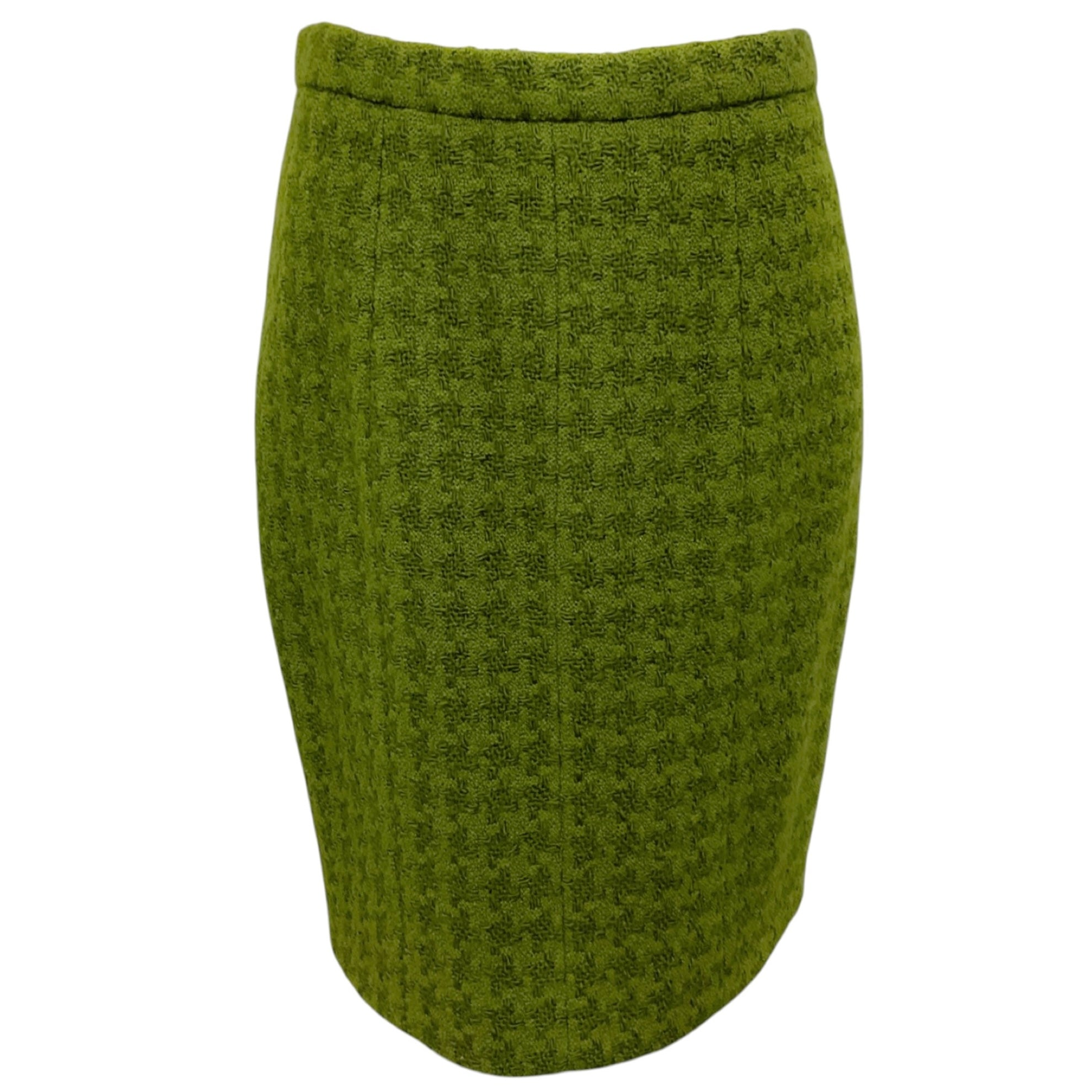Chanel Boutique Vintage Green CC Logo Button Houndstooth Wool Skirt