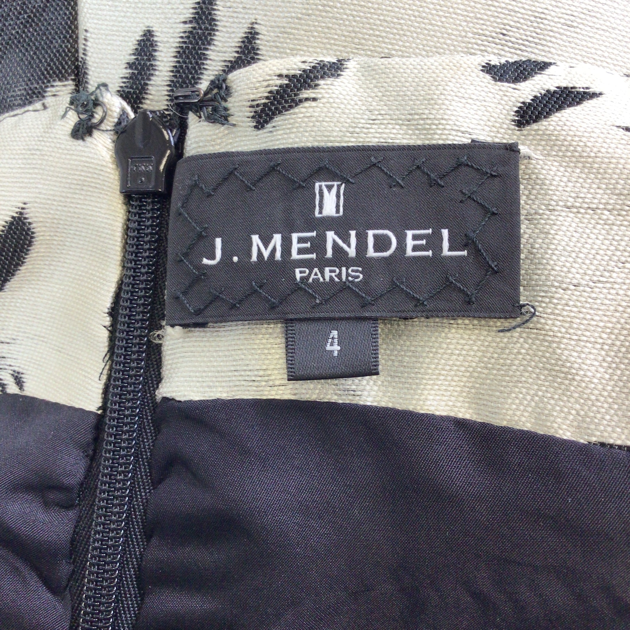 J. Mendel Champagne / Black Lambskin Leather Trimmed Off-the-Shoulder Jacquard Dress