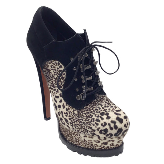 Alaia Black / White Leopard Printed Calf Hair and Suede High Heeled Lace-Up Platform Ankle Booties