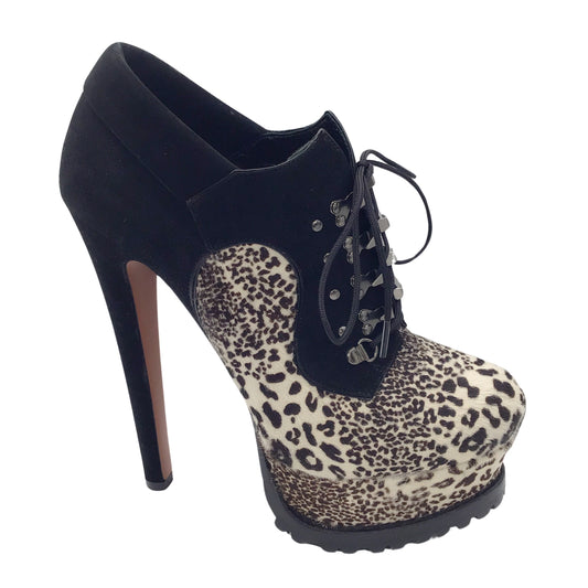 Alaia Black / White Leopard Printed Calf Hair and Suede High Heeled Lace-Up Platform Ankle Booties