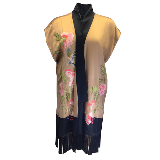 Josie Natori Tan / Black Multi Floral Embroidered Silk Robe