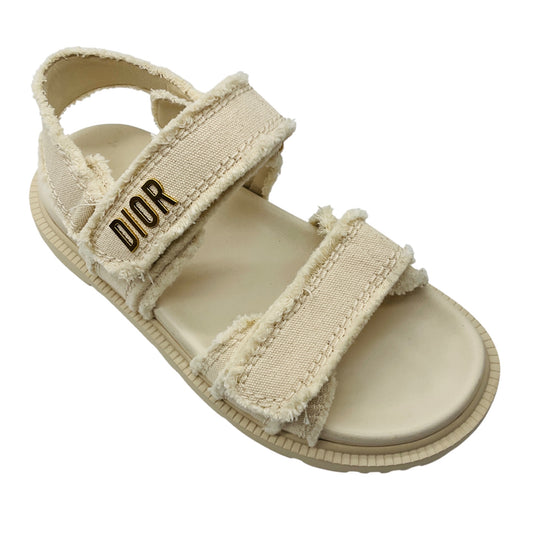 Christian Dior Ecru / Gold Signature Logo Raw Edge Trim Canvas Dioract Flat Slingback Sandals