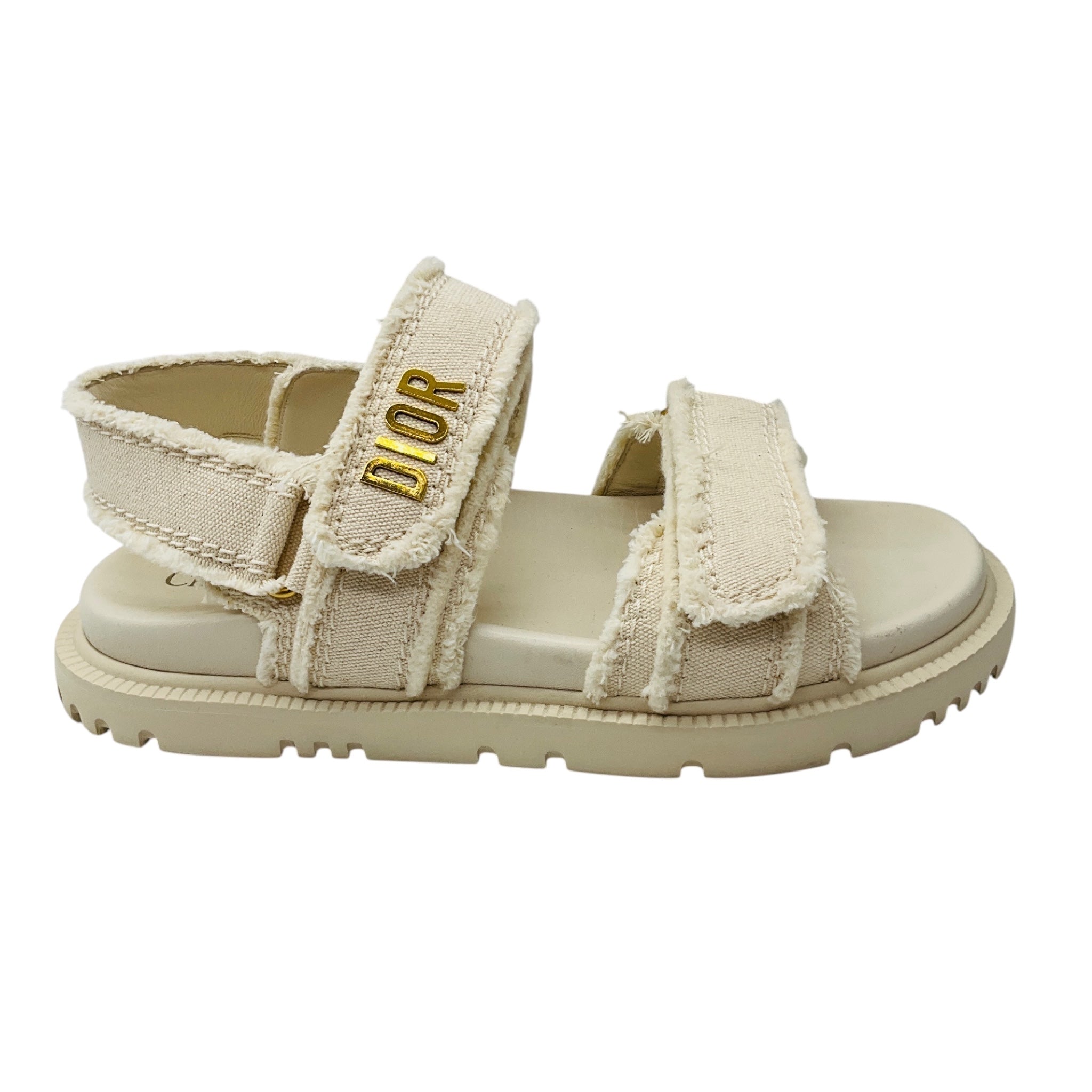 Christian Dior Ecru / Gold Signature Logo Raw Edge Trim Canvas Dioract Flat Slingback Sandals