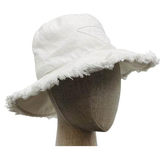 Prada White Triangle Logo Embroidered Wide Brimmed Cotton Drill Bucket Hat with Fringe