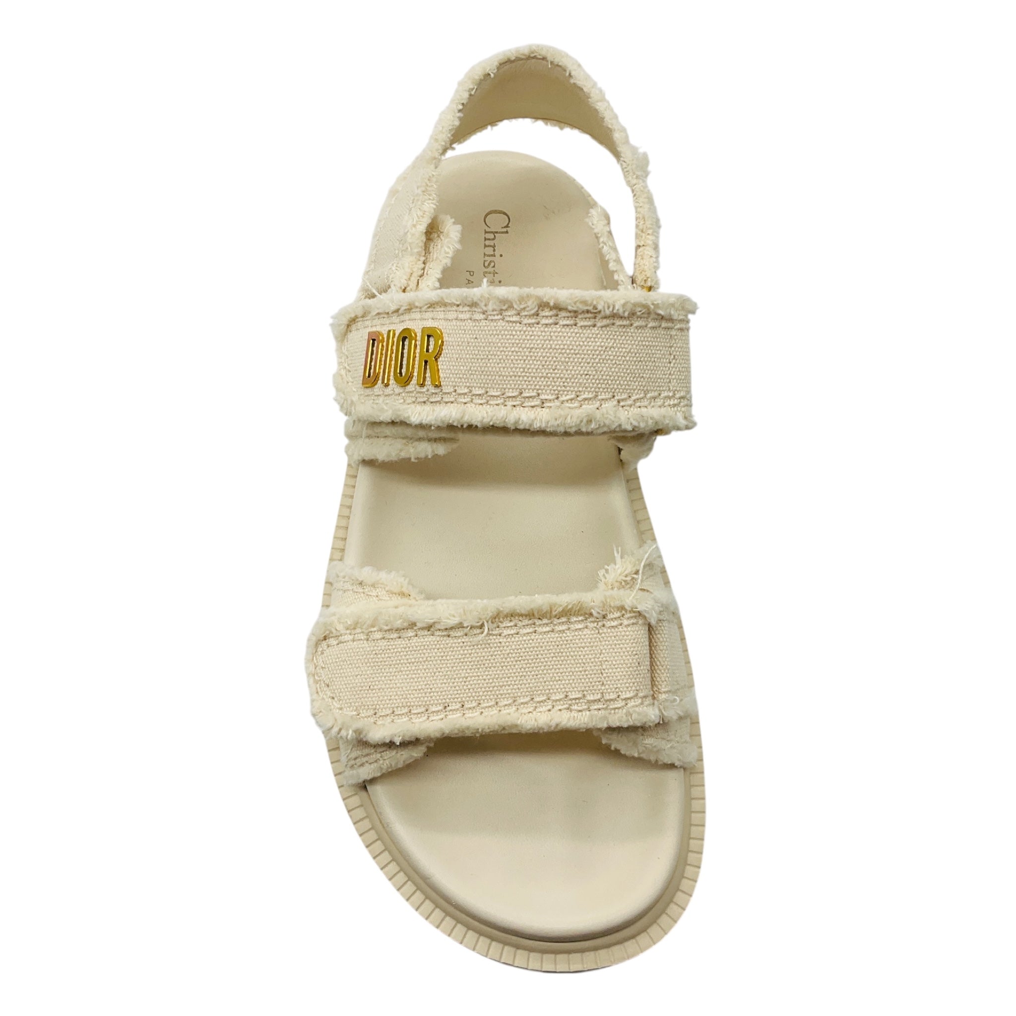 Christian Dior Ecru / Gold Signature Logo Raw Edge Trim Canvas Dioract Flat Slingback Sandals