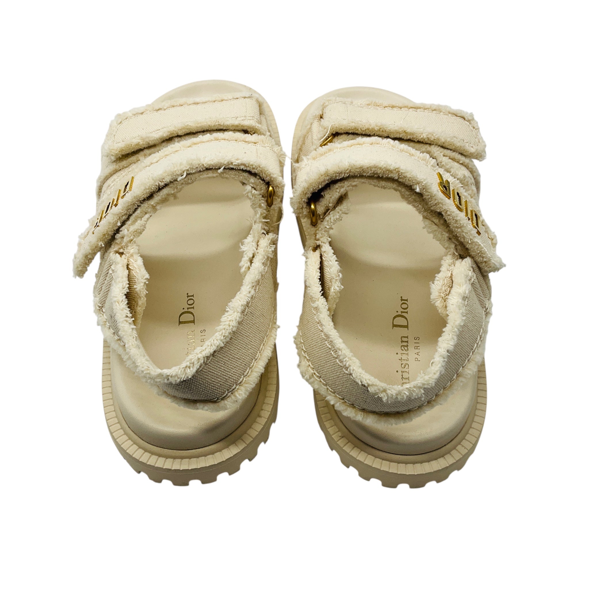 Christian Dior Ecru / Gold Signature Logo Raw Edge Trim Canvas Dioract Flat Slingback Sandals