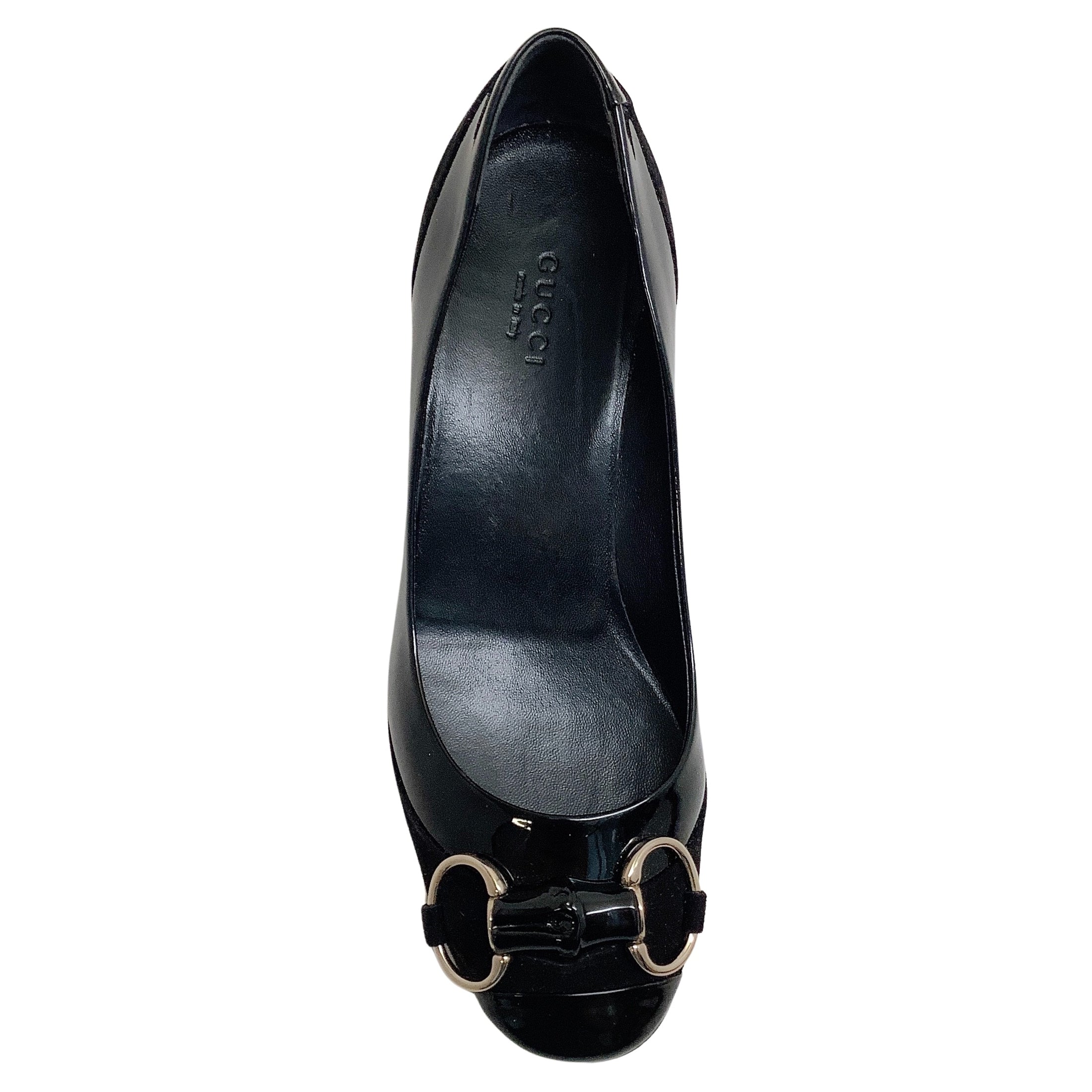 Gucci Black Patent / Suede Pumps with Silver Horsebit