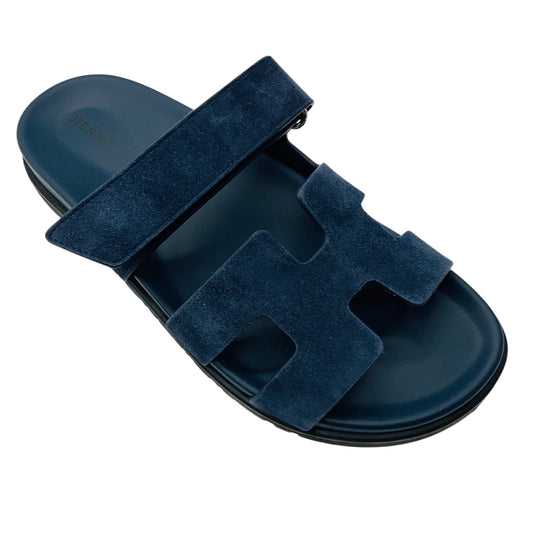 Hermes Navy Blue Bleu Celeste Chypre Goatskin Suede Sandal