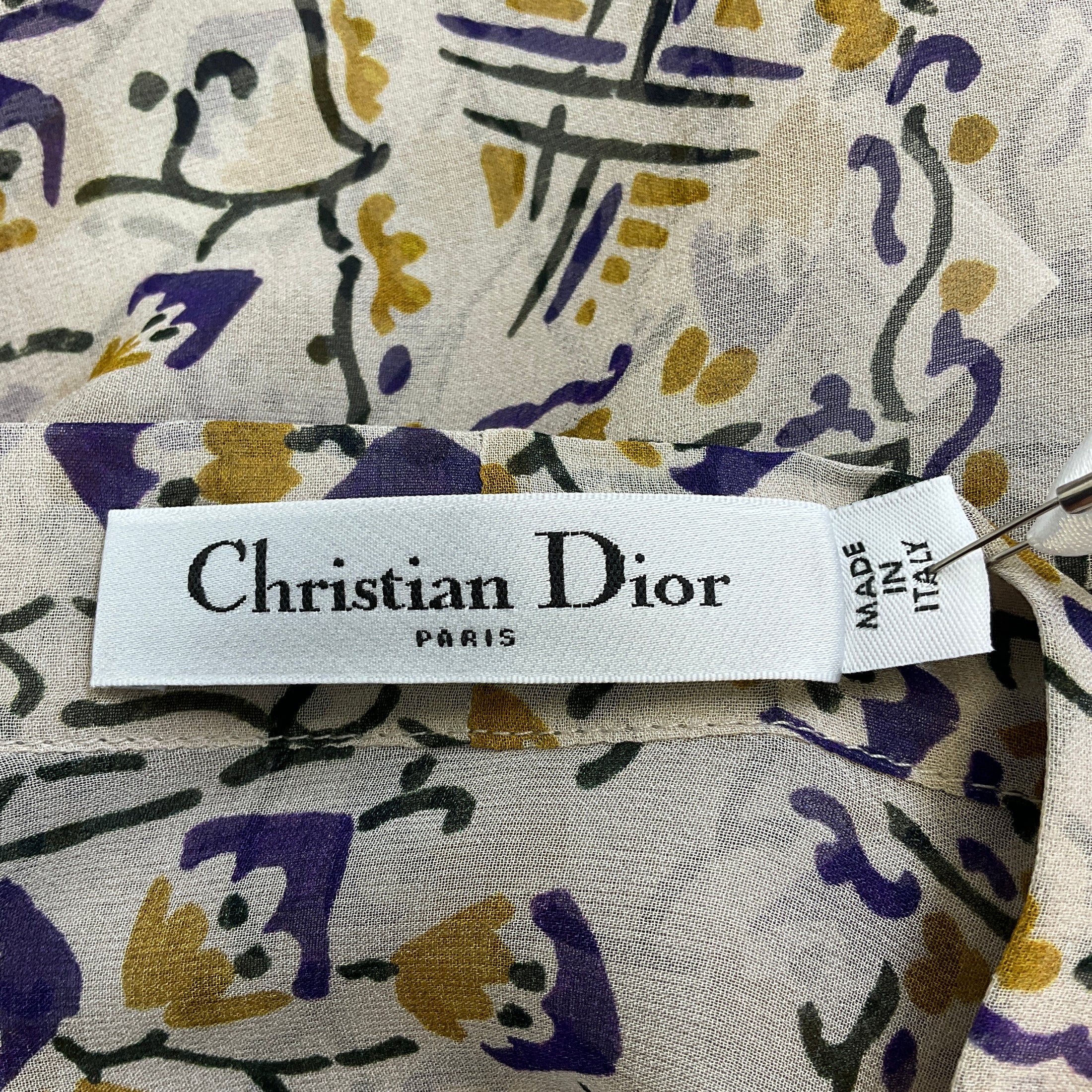 Christian Dior Beige Multi Printed Tie-Neck Sheer Silk Blouse