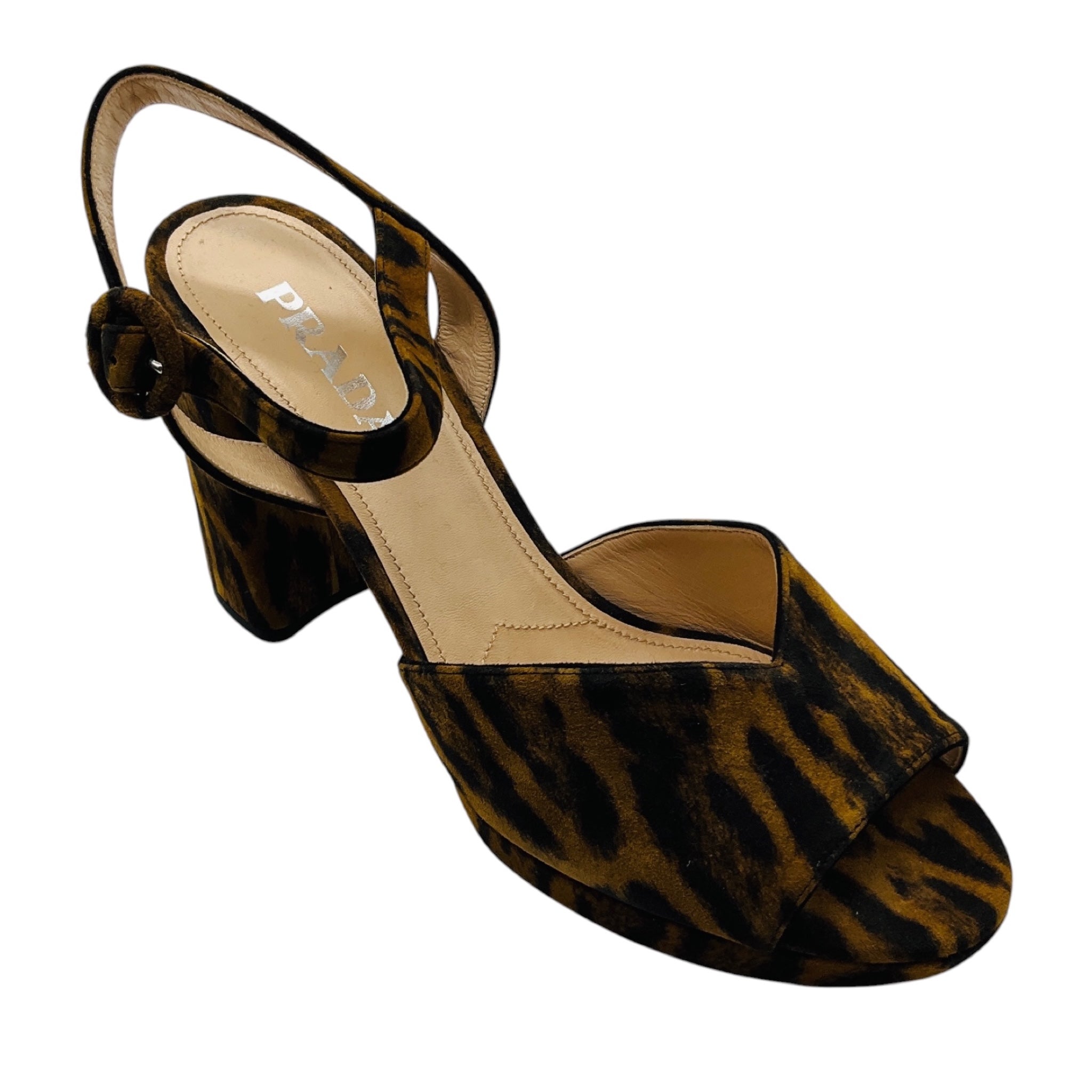 Prada Light Brown / Black Animal Print Chunky Heel Suede Platform Sandals