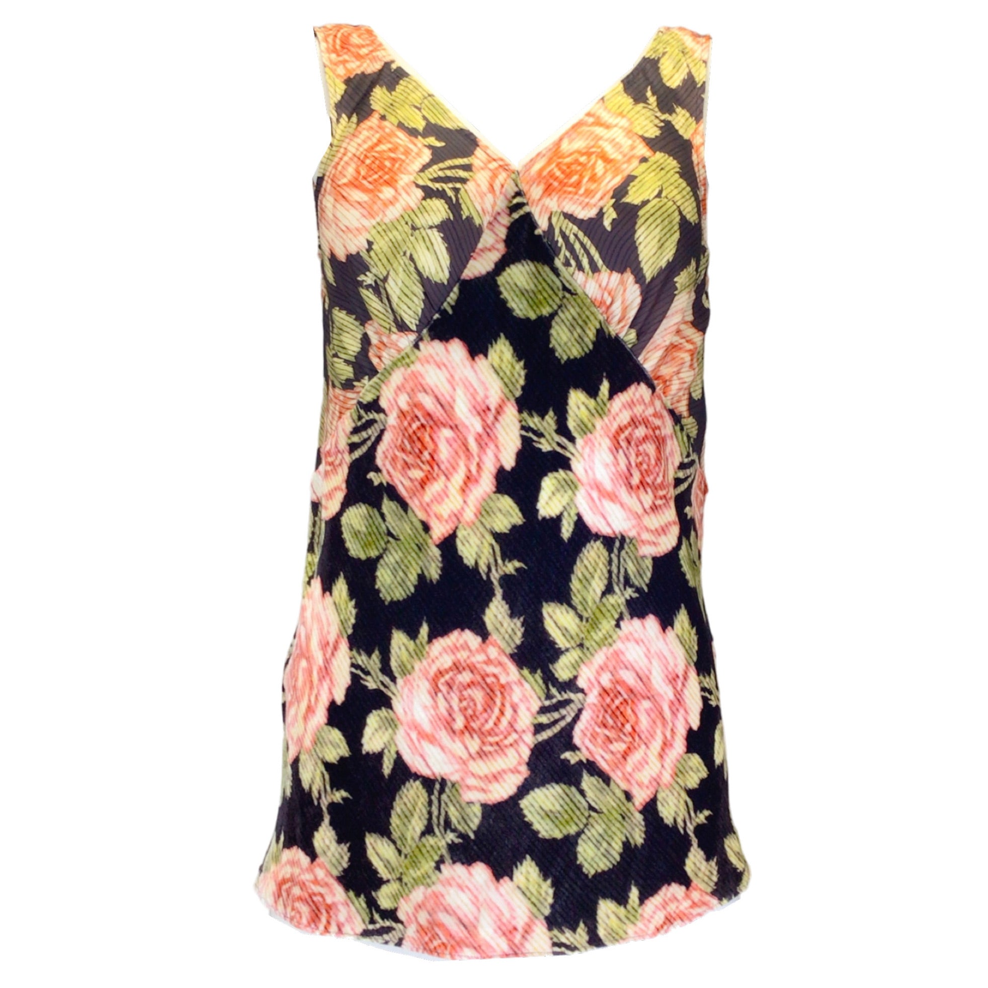 Paco Rabanne Brown / Pink Multi Silk and Velvet Mixed Media Floral Rose Print V-Neck Blouse