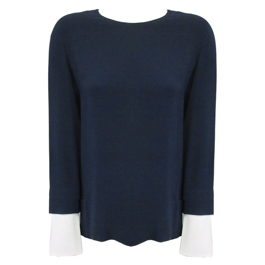 The Row Navy Blue / White Cuffed Crepe Claude Top