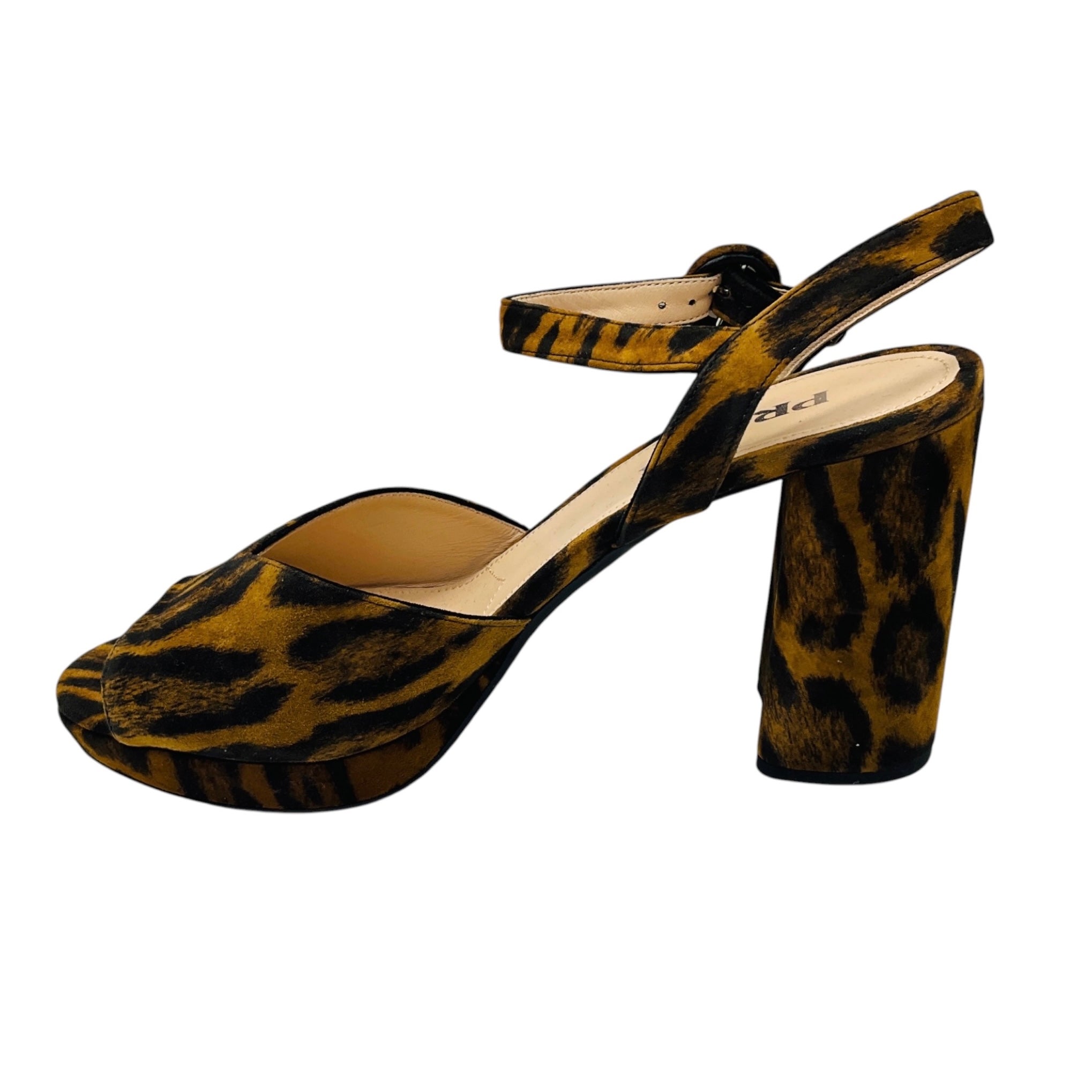 Prada Light Brown / Black Animal Print Chunky Heel Suede Platform Sandals