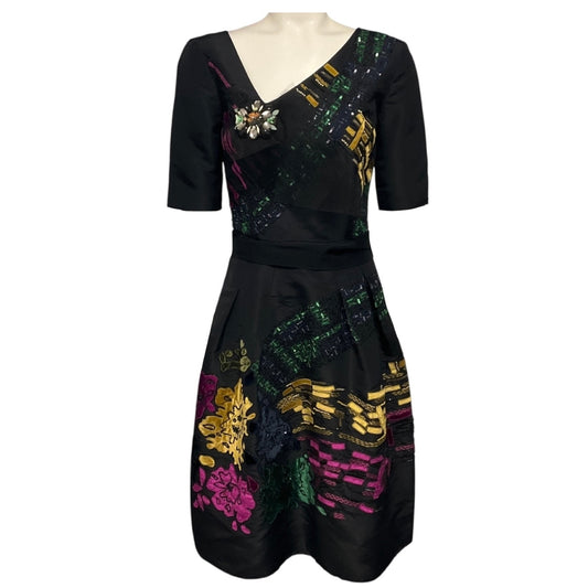 Oscar de la Renta Black Multi Embellished Silk Taffeta Cocktail Dress