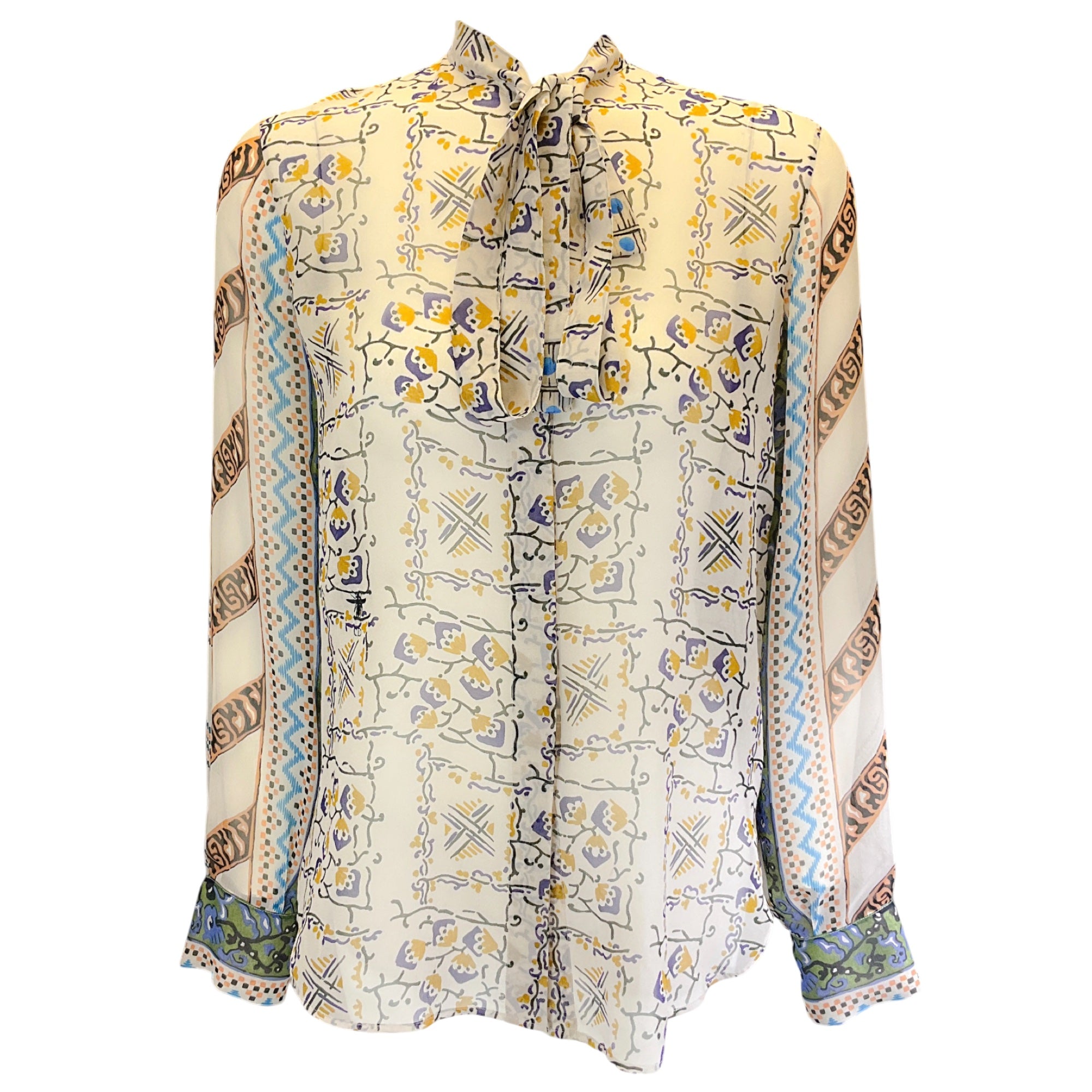 Christian Dior Beige Multi Printed Tie-Neck Sheer Silk Blouse