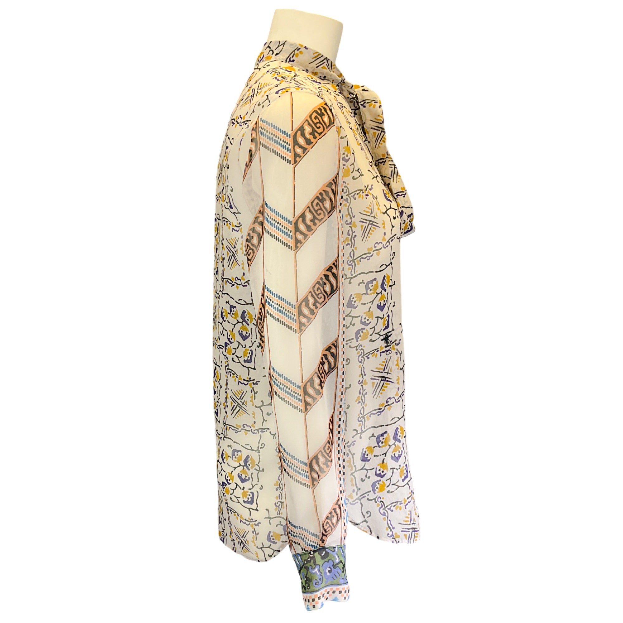 Christian Dior Beige Multi Printed Tie-Neck Sheer Silk Blouse