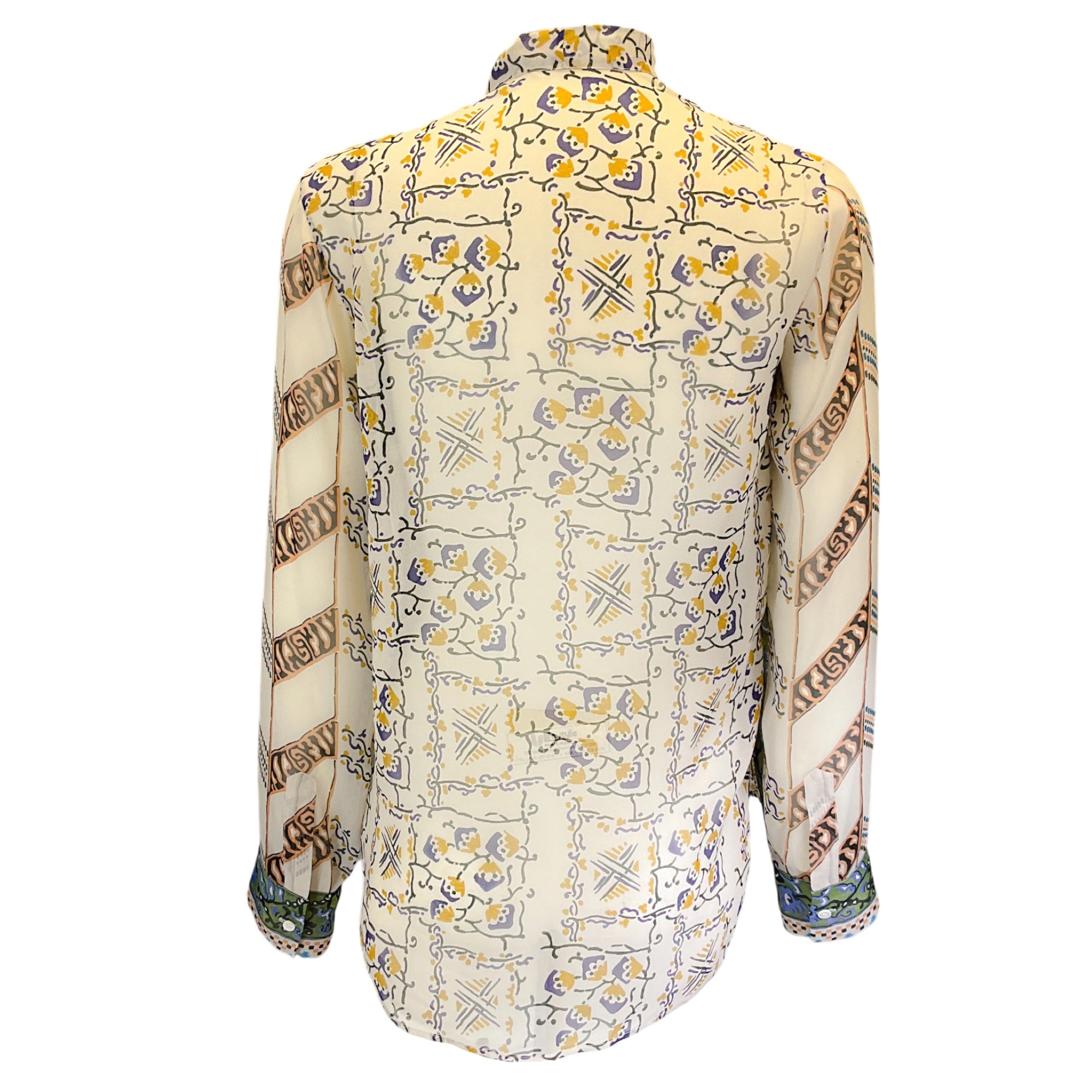 Christian Dior Beige Multi Printed Tie-Neck Sheer Silk Blouse