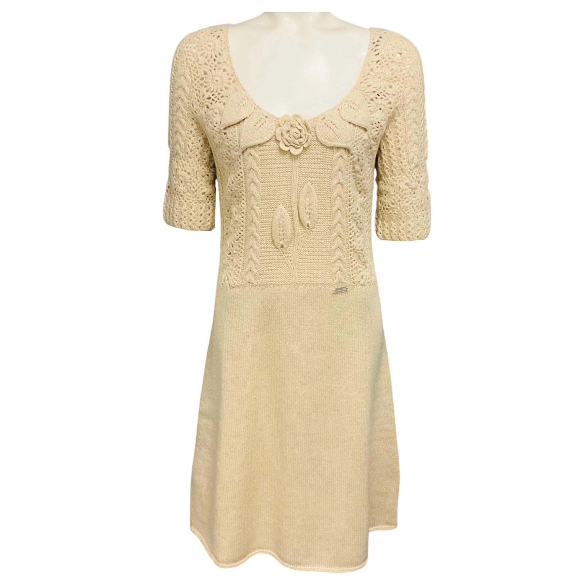 Oscar de la Renta Ivory Cashmere Crochet Knit Dress