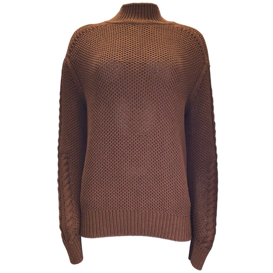 Hermes Brown Long Sleeved Mock Neck Cotton and Silk Knit Sweater