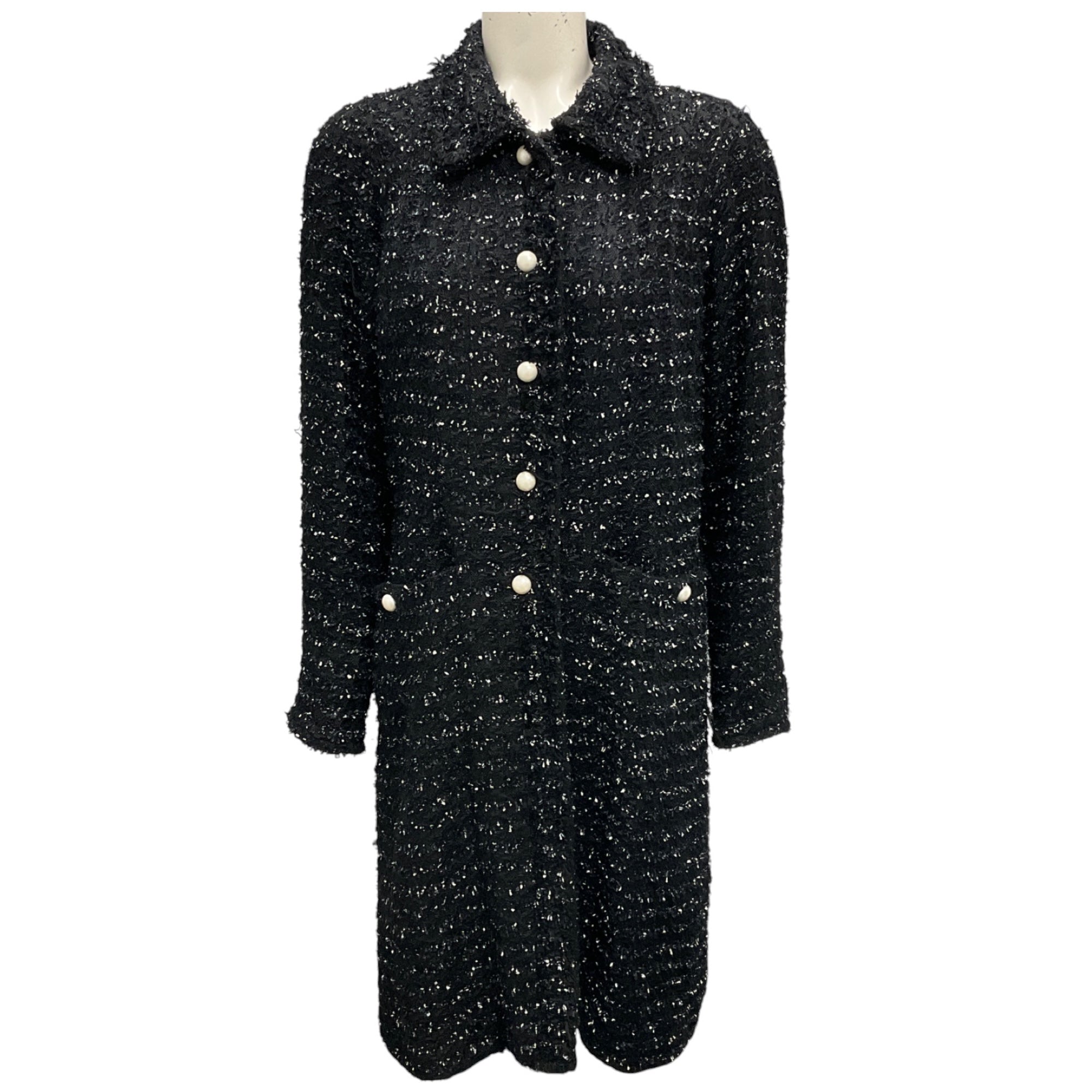Edward Achour Black / White Pearl Buttoned Mid Length Tweed Coat
