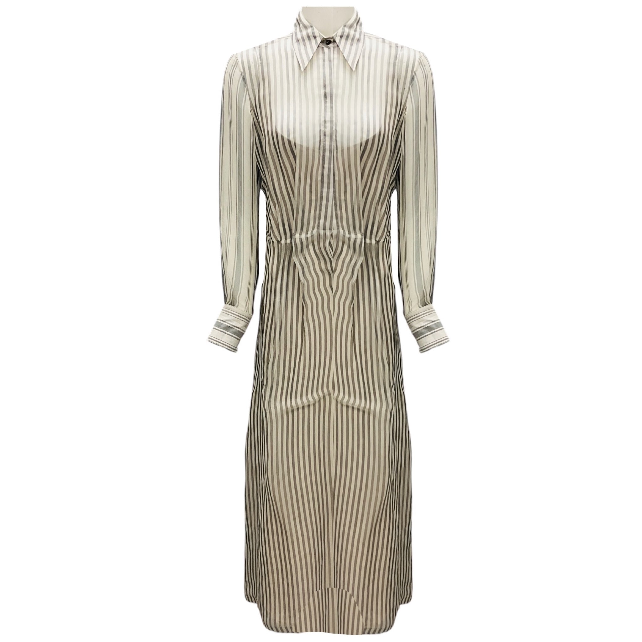 Brunello Cucinelli Grey / Cream Striped Silk Shirt Dress