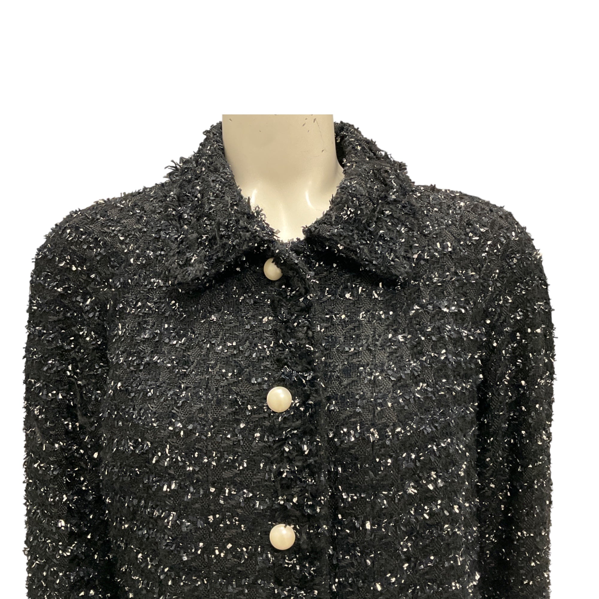 Edward Achour Black / White Pearl Buttoned Mid Length Tweed Coat