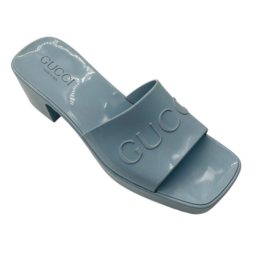 Gucci Light Blue Rubber Logo Platform Slide Sandals