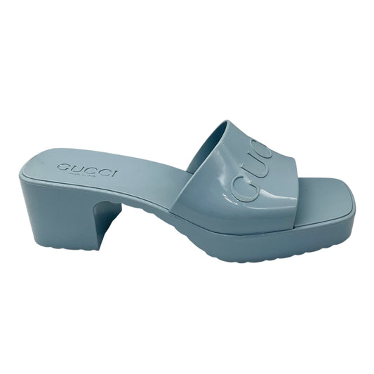 Gucci Light Blue Rubber Logo Platform Slide Sandals