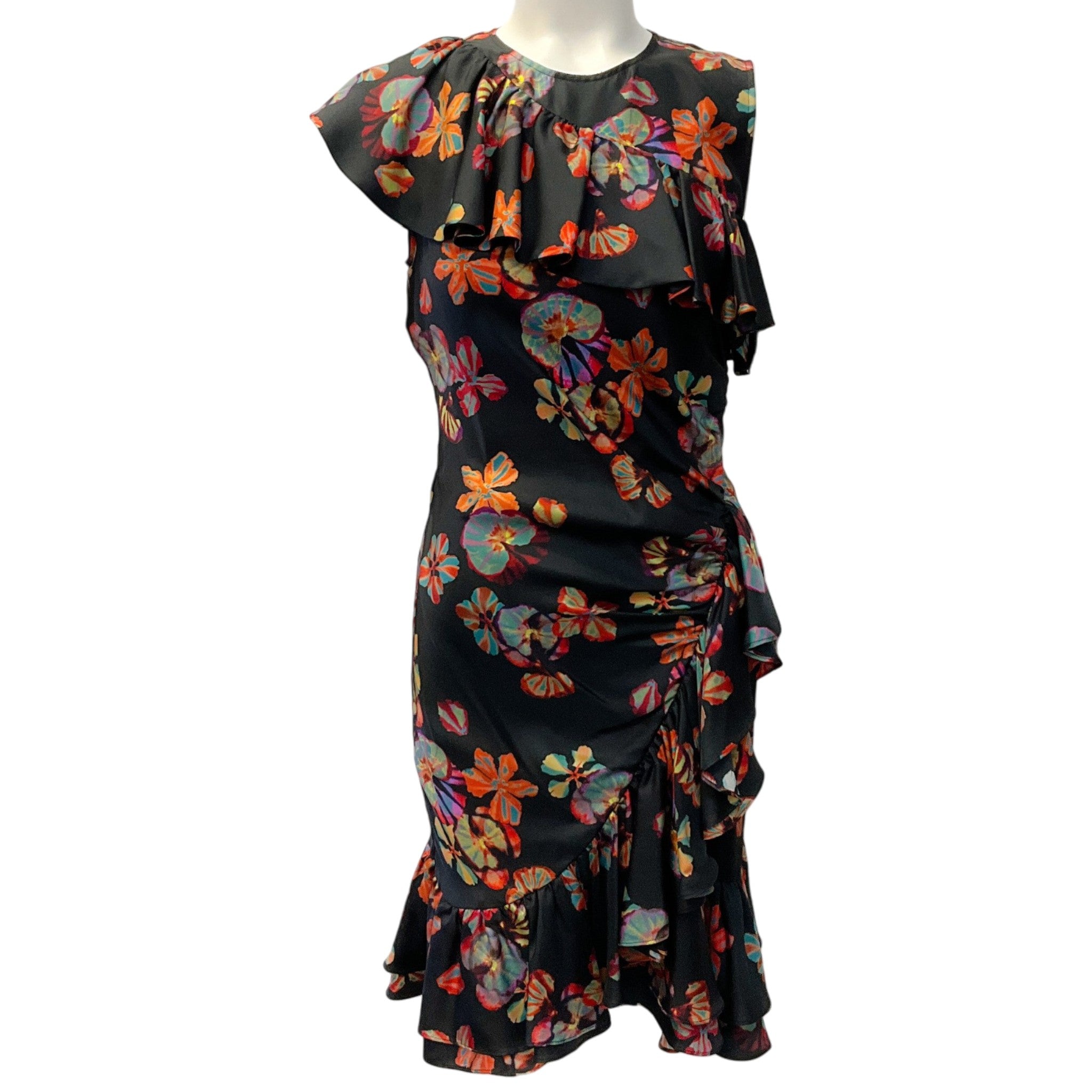Ulla Johnson Black Multi Floral Candace Asymmetric Ruffled Dress

