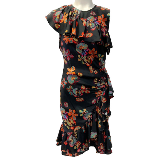 Ulla Johnson Black Multi Floral Candace Asymmetric Ruffled Dress
