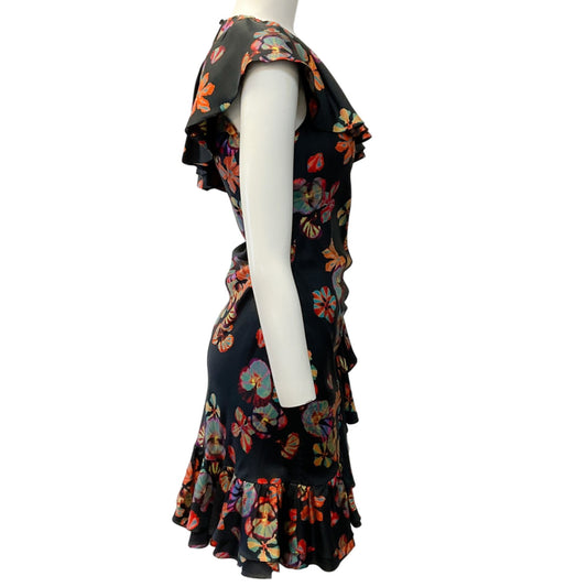 Ulla Johnson Black Multi Floral Candace Asymmetric Ruffled Dress