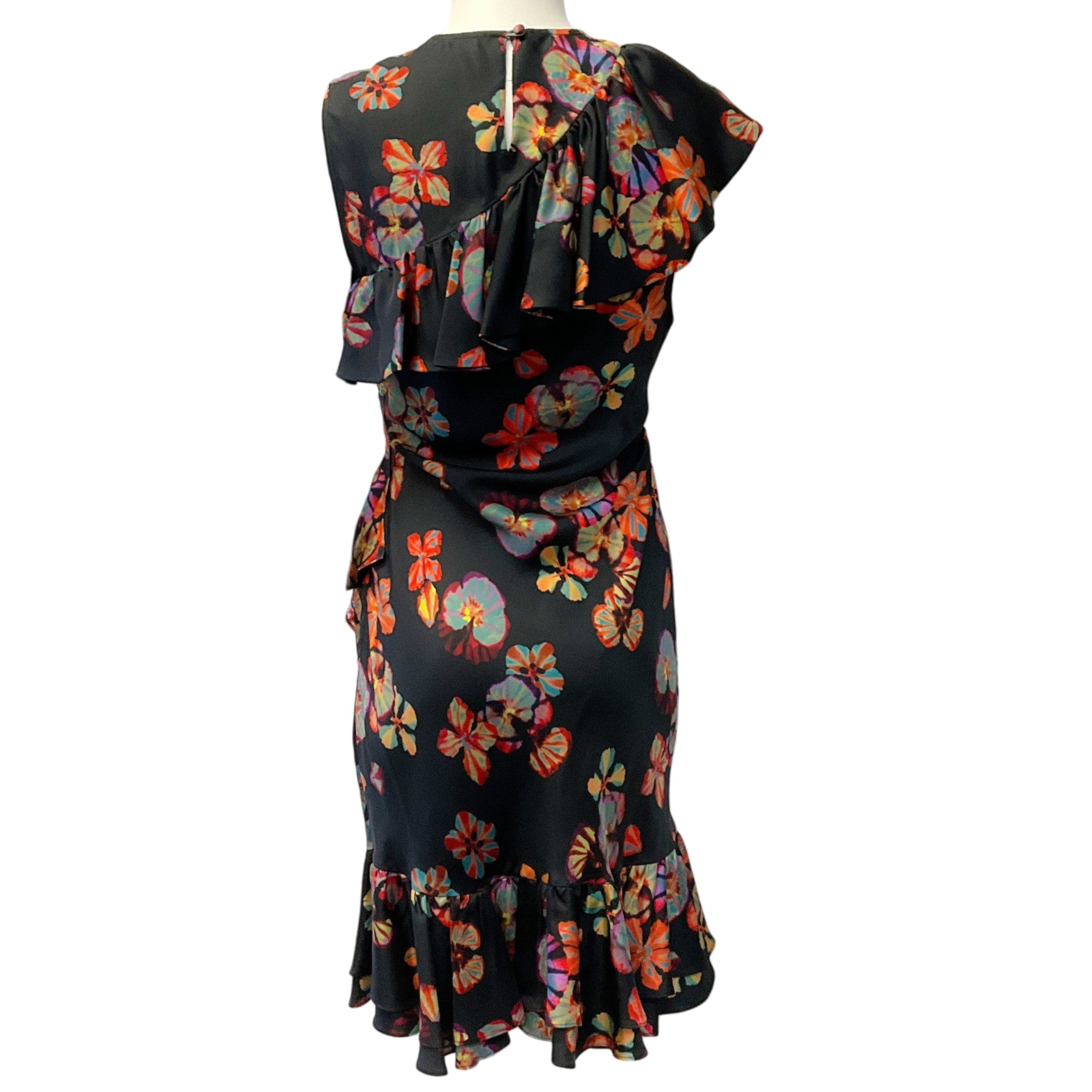 Ulla Johnson Black Multi Floral Candace Asymmetric Ruffled Dress