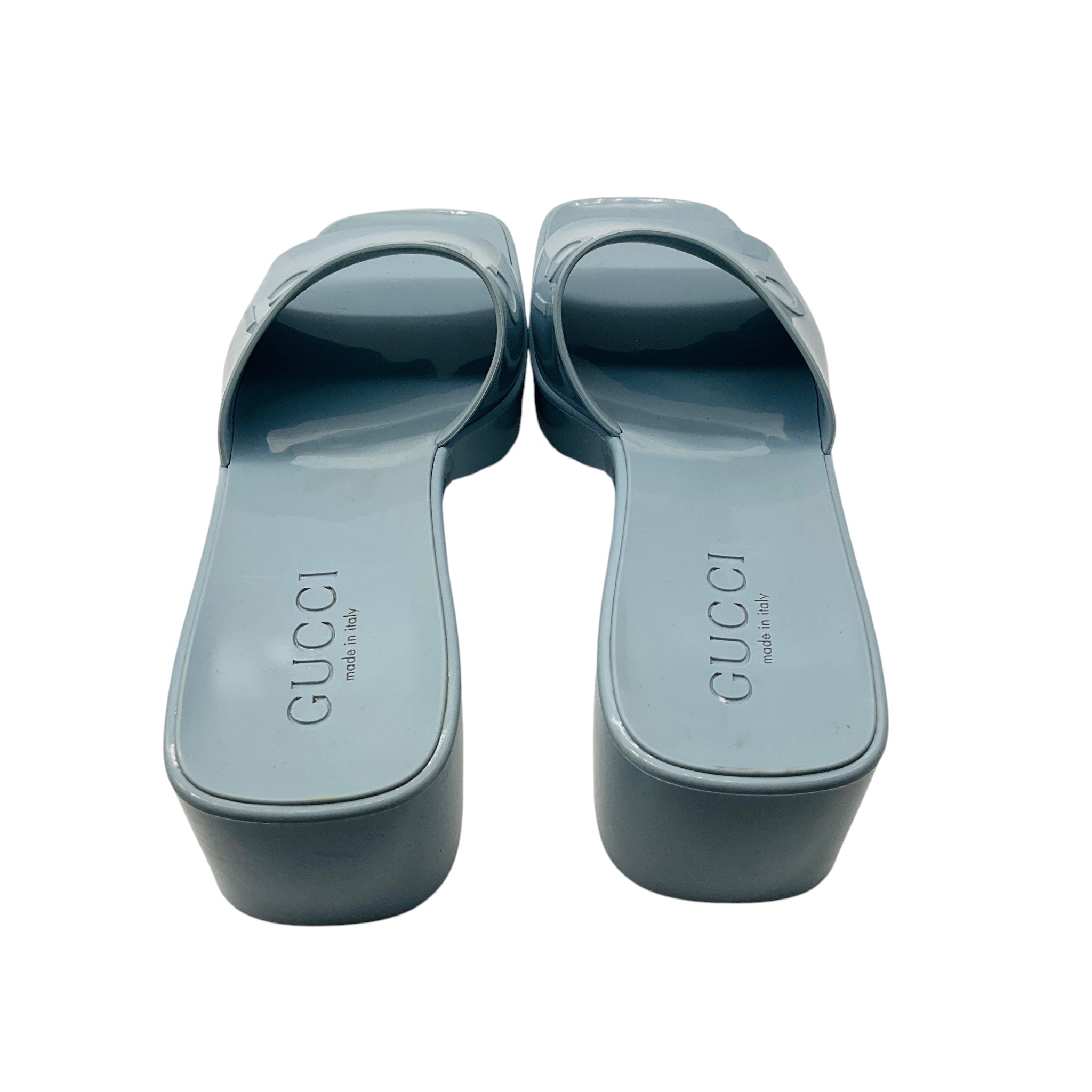 Gucci Light Blue Rubber Logo Platform Slide Sandals