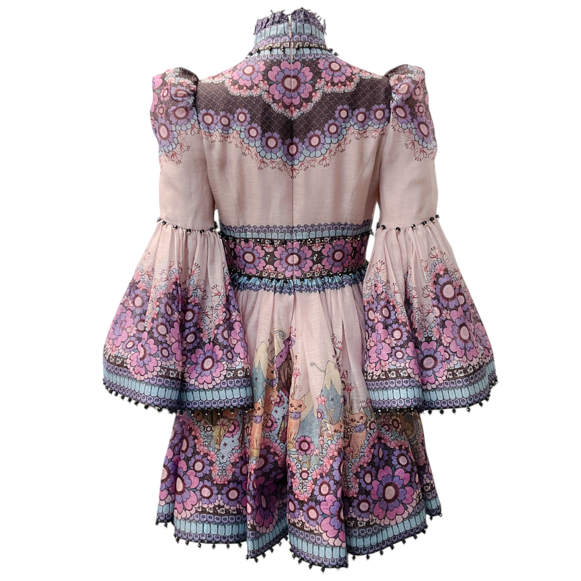 Zimmermann Pink Multi Celestial Printed Puffed Bell Sleeve Mini Dress