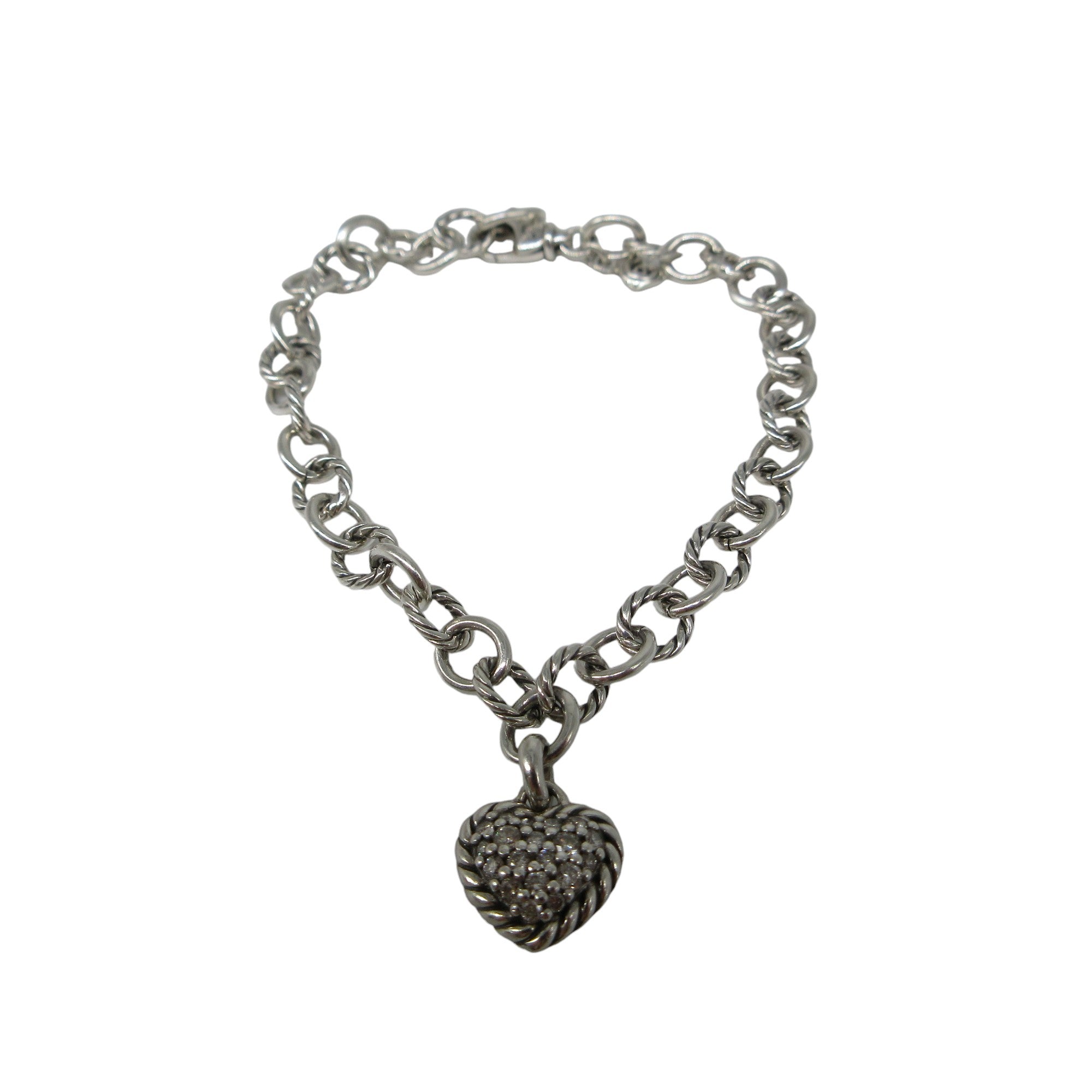 David Yurman Diamond Studded Heart Charm Sterling Silver Bracelet